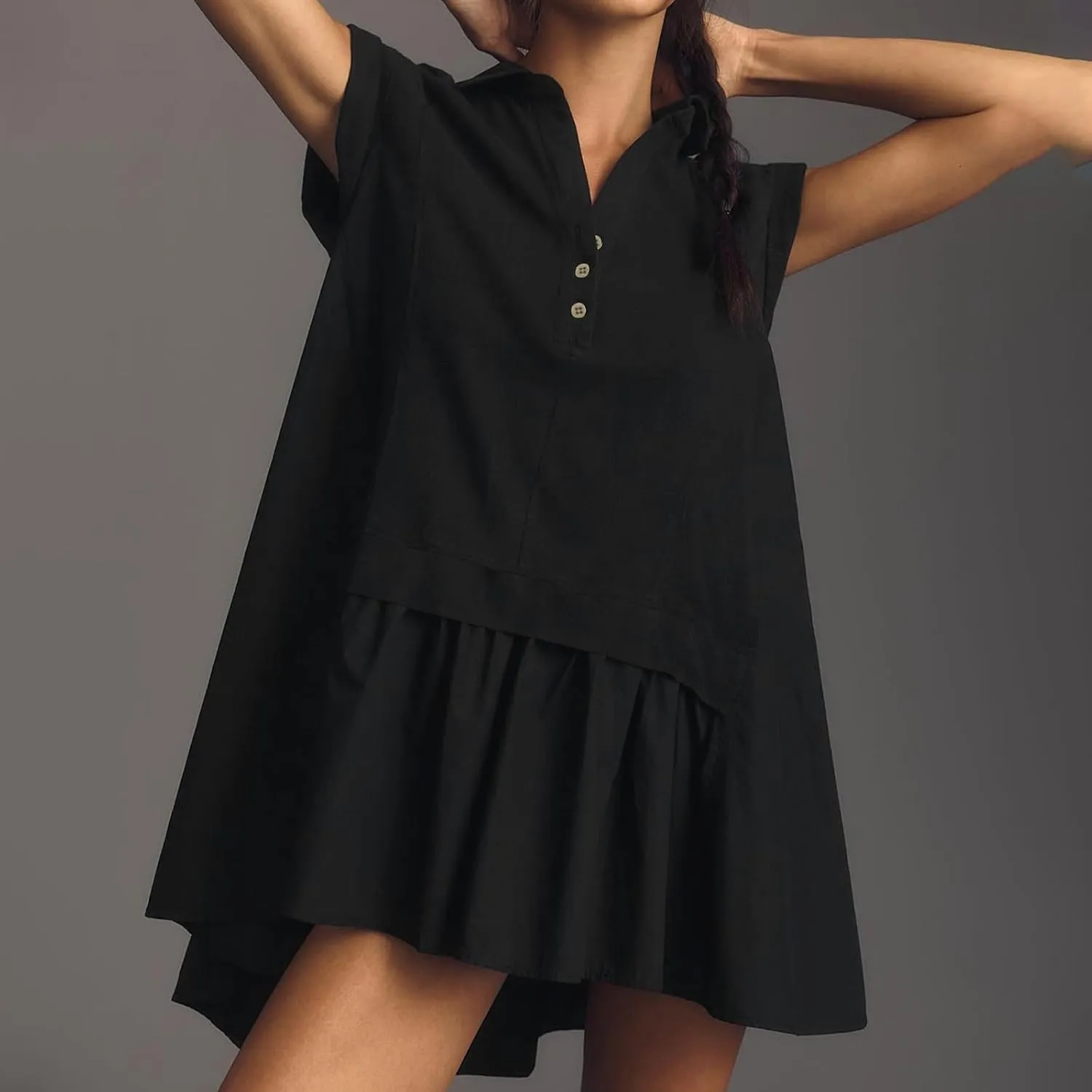 LEMONONSTORE Summer T Shirt Dress for Women Roll-Up Sleeve Ruffle Tunic Dress Button Lapel Neck Patchwork Party Mini Dresses