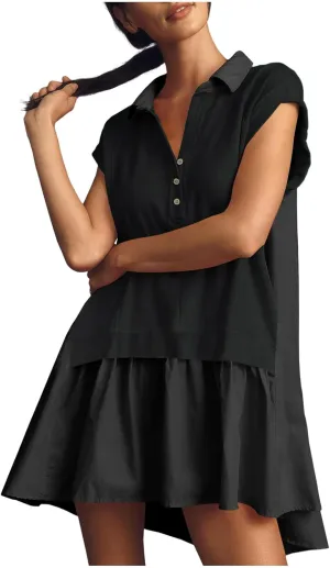 LEMONONSTORE Summer T Shirt Dress for Women Roll-Up Sleeve Ruffle Tunic Dress Button Lapel Neck Patchwork Party Mini Dresses