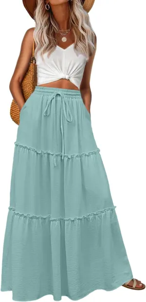 Lepunuo Womens Casual Boho High Waisted Flowy Maxi Skirts Trendy Floral Cute Long Skirts with Pockets