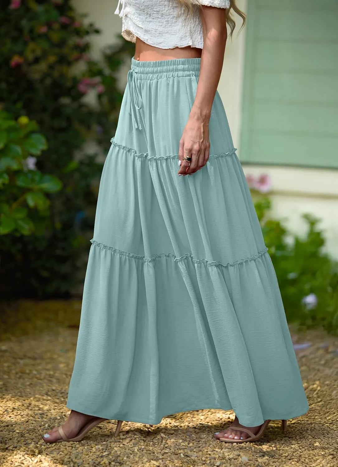 Lepunuo Womens Casual Boho High Waisted Flowy Maxi Skirts Trendy Floral Cute Long Skirts with Pockets