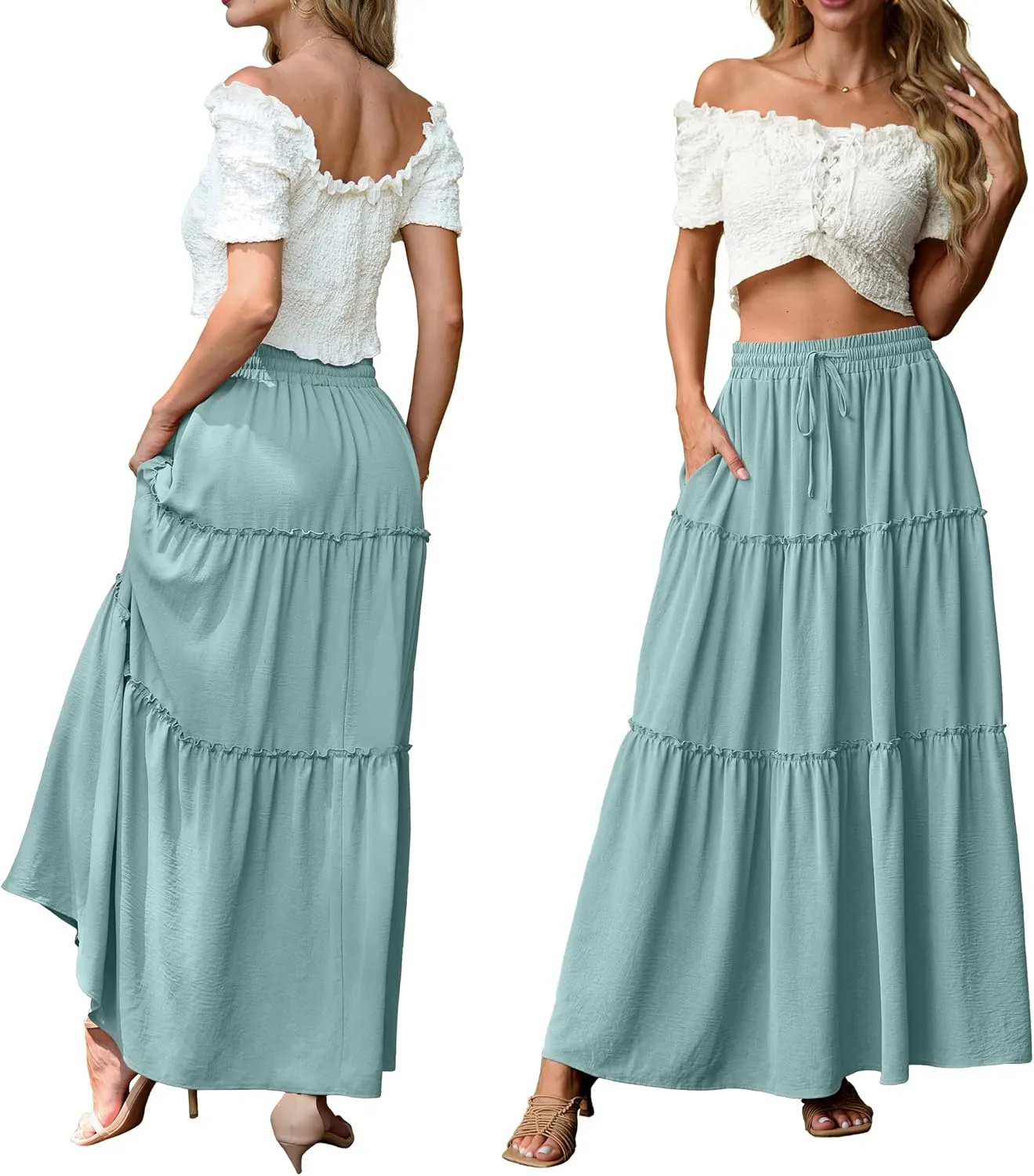 Lepunuo Womens Casual Boho High Waisted Flowy Maxi Skirts Trendy Floral Cute Long Skirts with Pockets