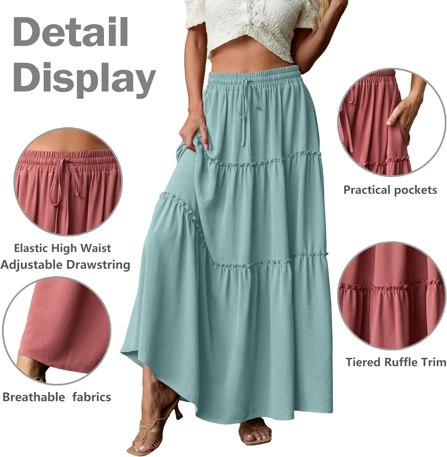 Lepunuo Womens Casual Boho High Waisted Flowy Maxi Skirts Trendy Floral Cute Long Skirts with Pockets