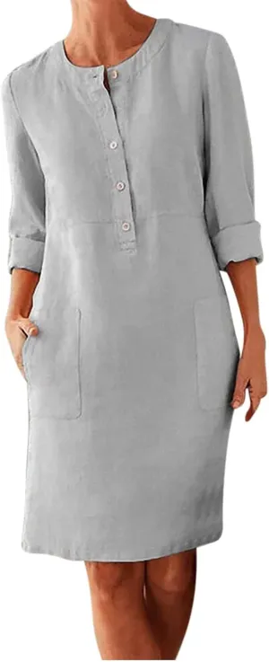 Linen Dress for Women Plus Size Button Up Round Neck Rolled Long Sleeve Dresses Casual Loose Midi Dresses
