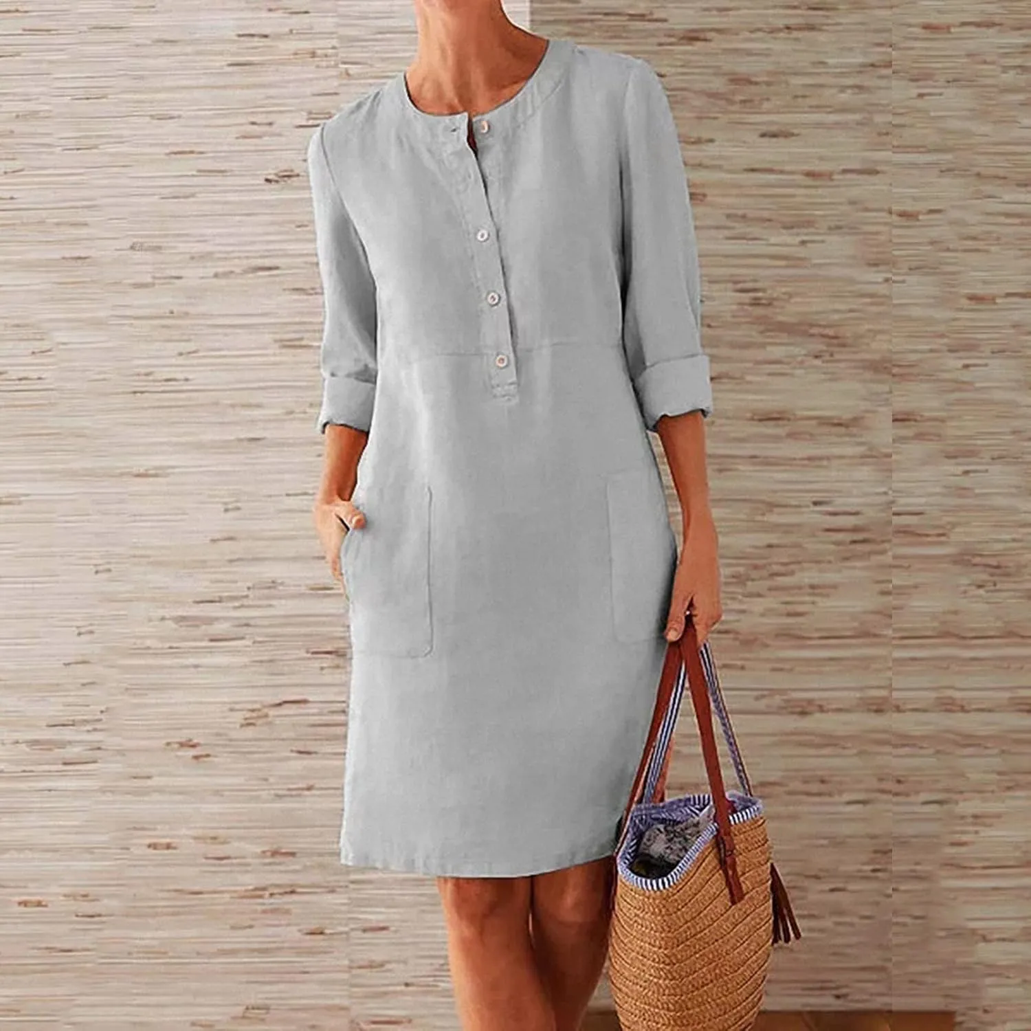Linen Dress for Women Plus Size Button Up Round Neck Rolled Long Sleeve Dresses Casual Loose Midi Dresses