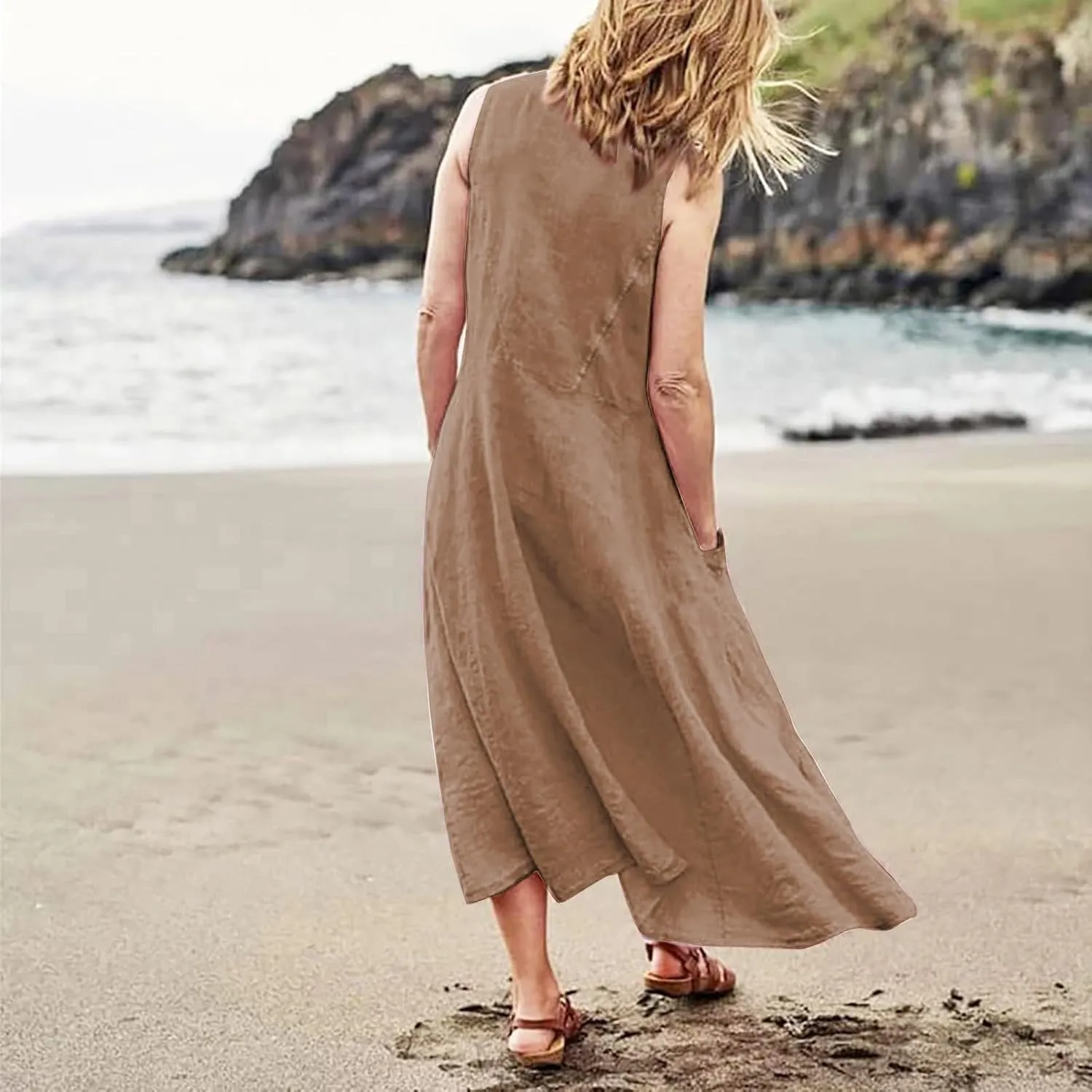 Linen Dress for Women Summer Sleeveless Solid Casual Baggy Flowy Maxi Dresses Plus Size Sundress with Pockets