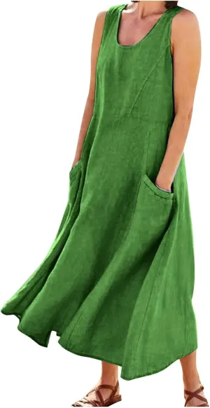 Linen Dress for Women Summer Sleeveless Solid Casual Baggy Flowy Maxi Dresses Plus Size Sundress with Pockets