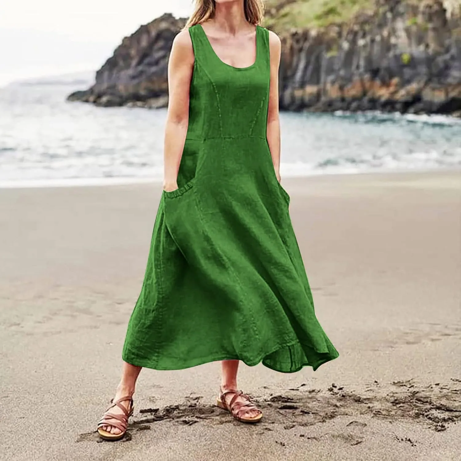 Linen Dress for Women Summer Sleeveless Solid Casual Baggy Flowy Maxi Dresses Plus Size Sundress with Pockets