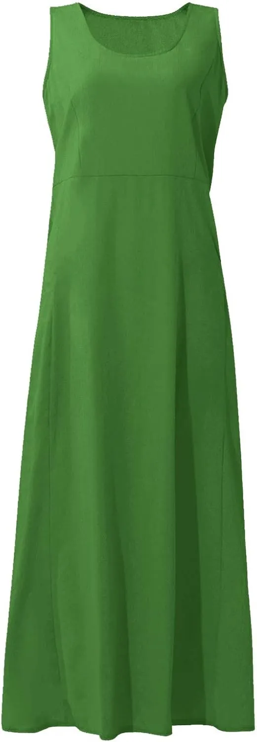 Linen Dress for Women Summer Sleeveless Solid Casual Baggy Flowy Maxi Dresses Plus Size Sundress with Pockets