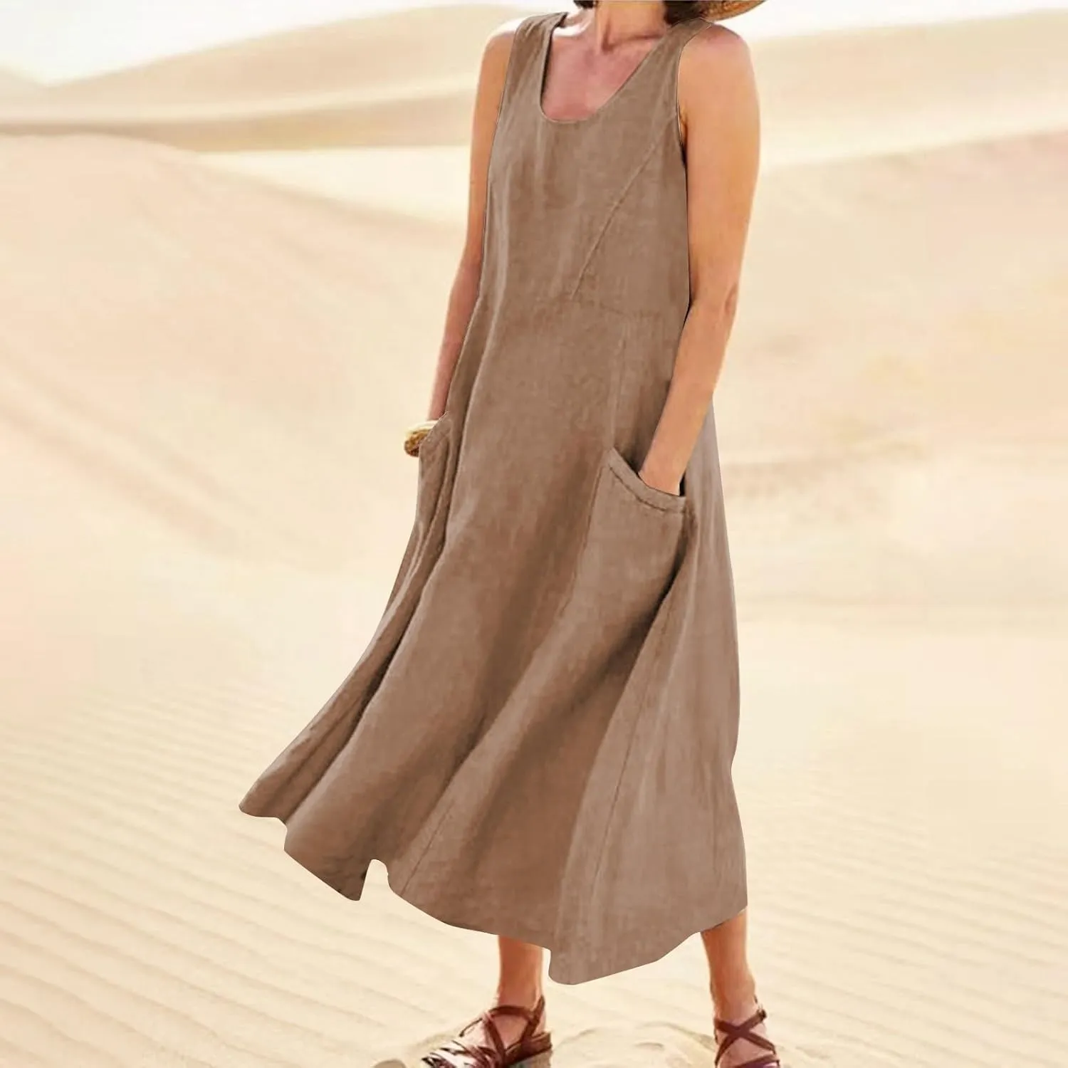 Linen Dress for Women Summer Sleeveless Solid Casual Baggy Flowy Maxi Dresses Plus Size Sundress with Pockets