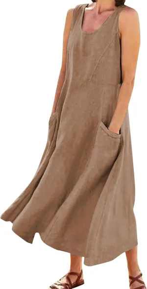 Linen Dress for Women Summer Sleeveless Solid Casual Baggy Flowy Maxi Dresses Plus Size Sundress with Pockets