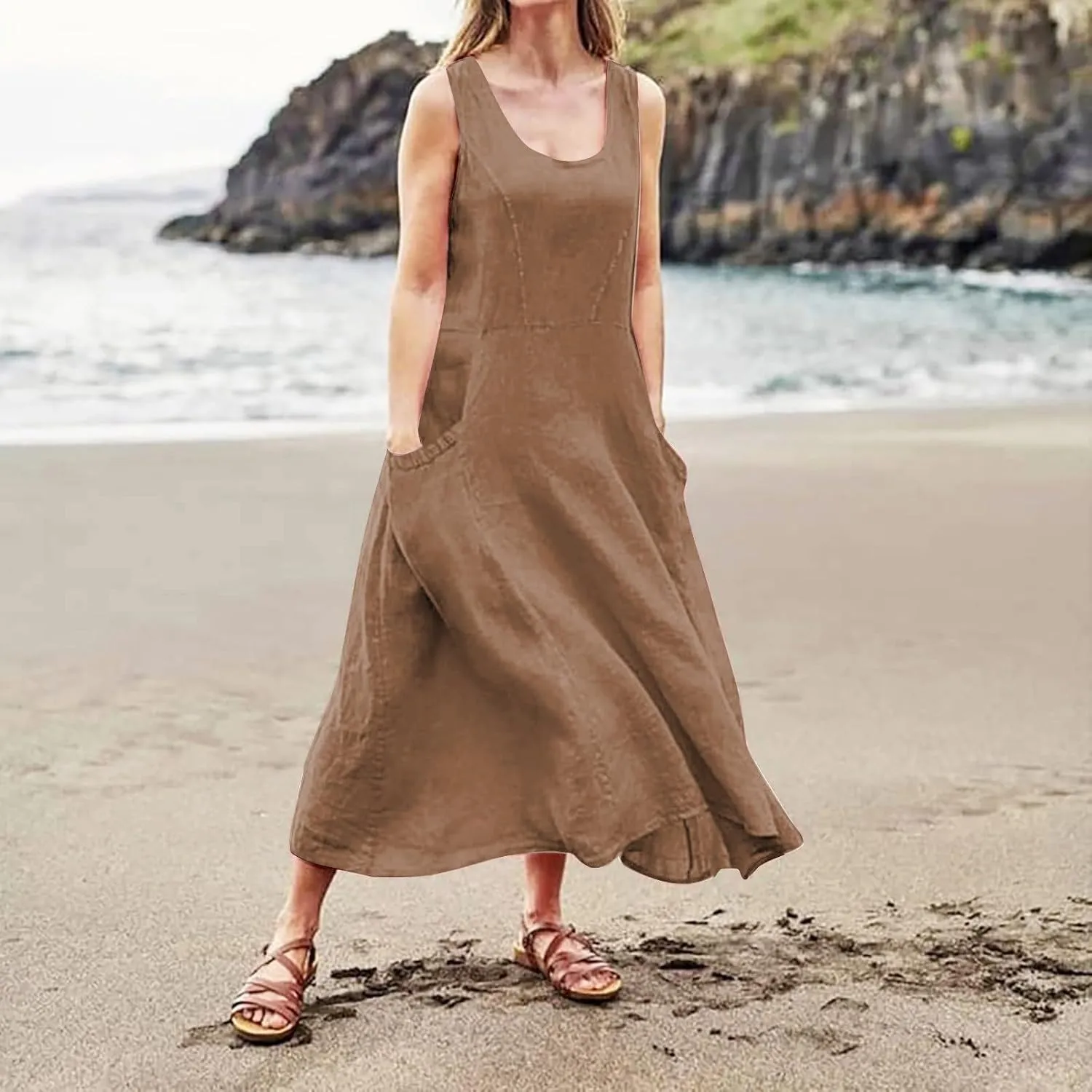 Linen Dress for Women Summer Sleeveless Solid Casual Baggy Flowy Maxi Dresses Plus Size Sundress with Pockets