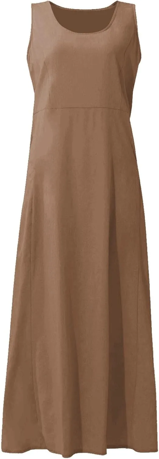 Linen Dress for Women Summer Sleeveless Solid Casual Baggy Flowy Maxi Dresses Plus Size Sundress with Pockets