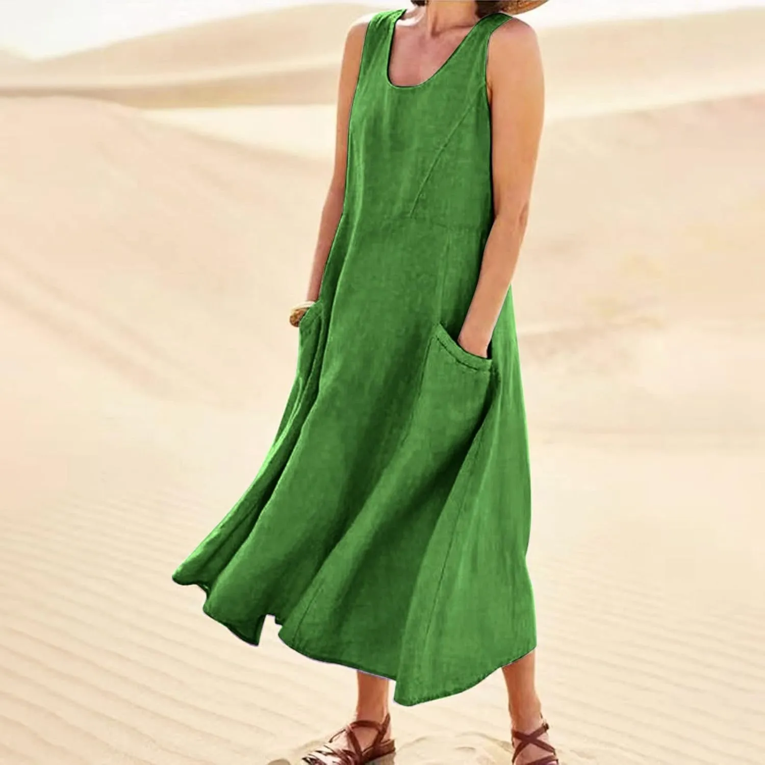Linen Dress for Women Summer Sleeveless Solid Casual Baggy Flowy Maxi Dresses Plus Size Sundress with Pockets