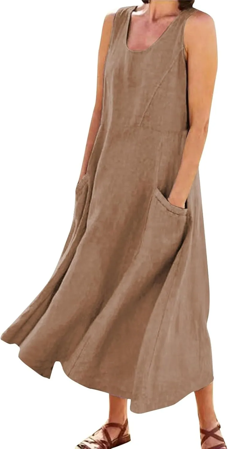 Linen Dress for Women Summer Sleeveless Solid Casual Baggy Flowy Maxi Dresses Plus Size Sundress with Pockets