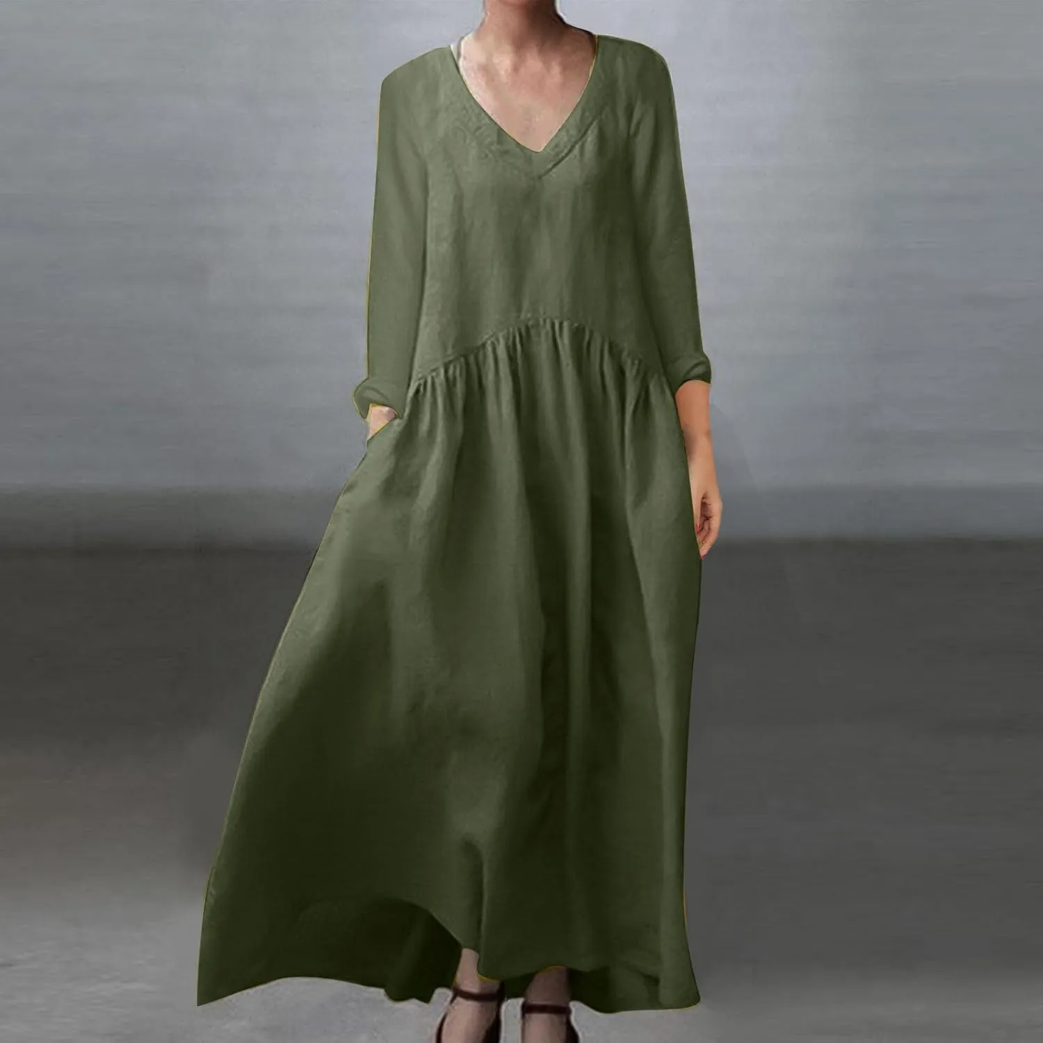 Linen Dresses for Women 2024 Plus Size Maxi Dress V Neck Long Sleeve Beach Vacation Dresses Fall Flowy Dress Trendy