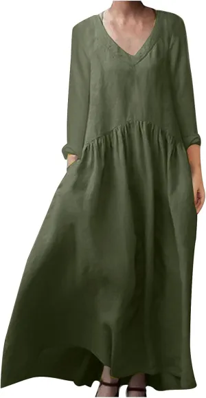 Linen Dresses for Women 2024 Plus Size Maxi Dress V Neck Long Sleeve Beach Vacation Dresses Fall Flowy Dress Trendy