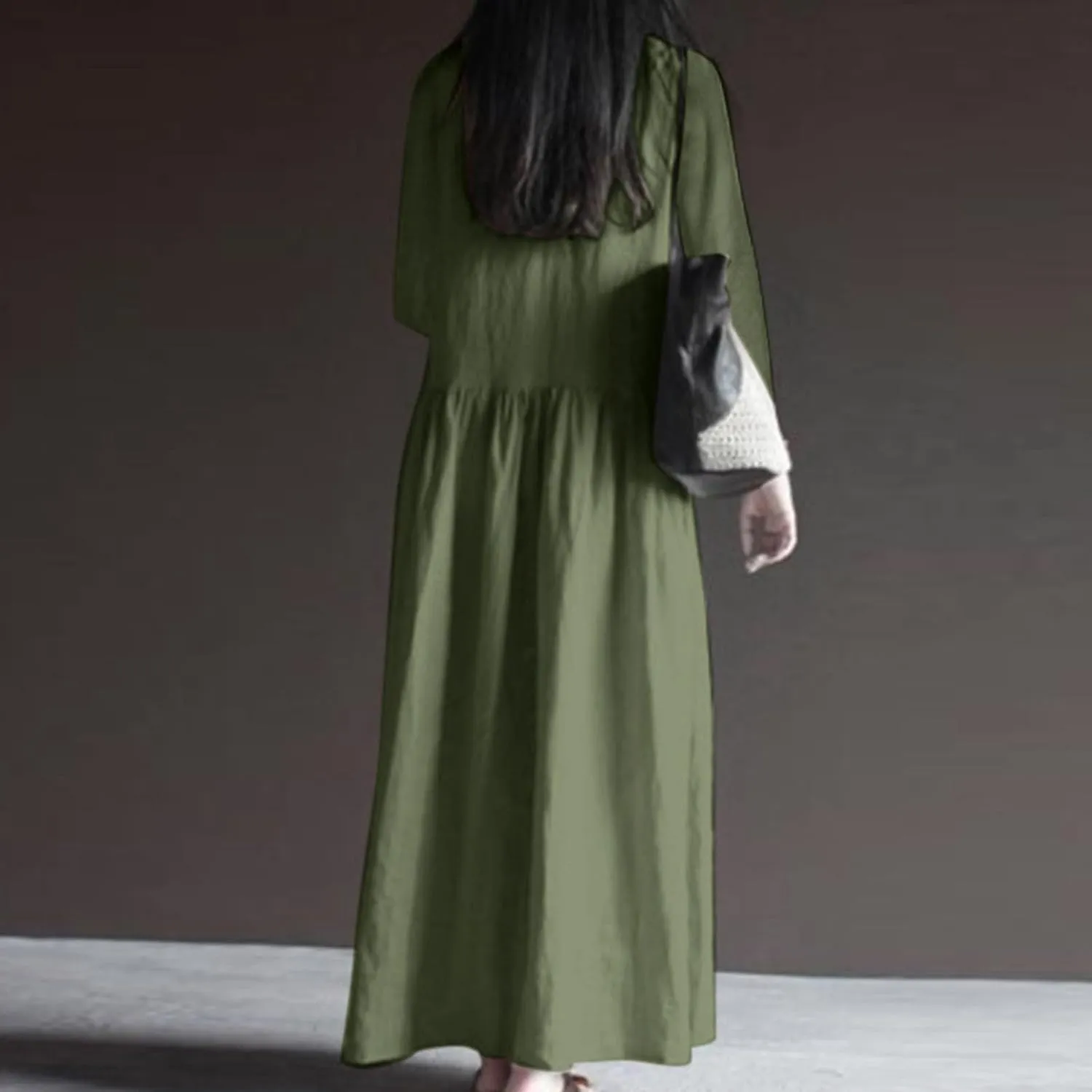 Linen Dresses for Women 2024 Plus Size Maxi Dress V Neck Long Sleeve Beach Vacation Dresses Fall Flowy Dress Trendy