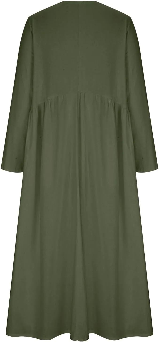 Linen Dresses for Women 2024 Plus Size Maxi Dress V Neck Long Sleeve Beach Vacation Dresses Fall Flowy Dress Trendy