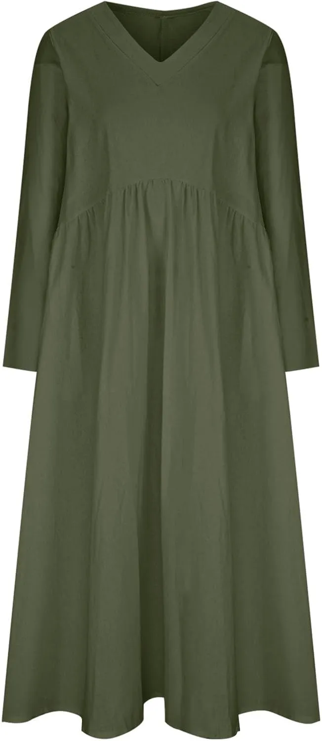 Linen Dresses for Women 2024 Plus Size Maxi Dress V Neck Long Sleeve Beach Vacation Dresses Fall Flowy Dress Trendy