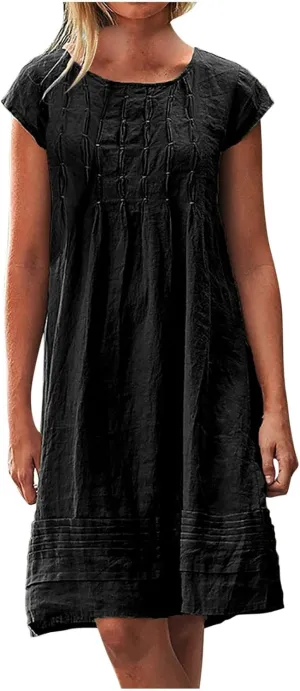 Linen Dresses for Women 2024 Short Sleeve Mini Dress Pleated Boho Summer Causal Dresses Dressy Causal T Shirt Dresses