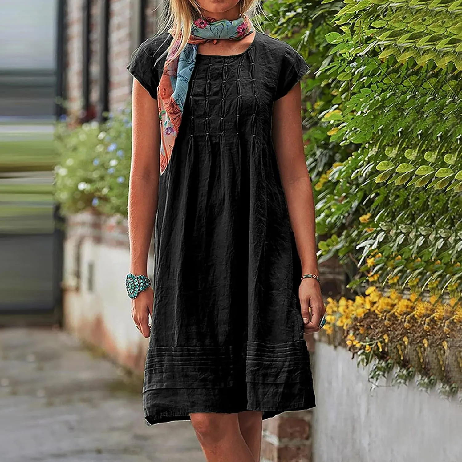 Linen Dresses for Women 2024 Short Sleeve Mini Dress Pleated Boho Summer Causal Dresses Dressy Causal T Shirt Dresses