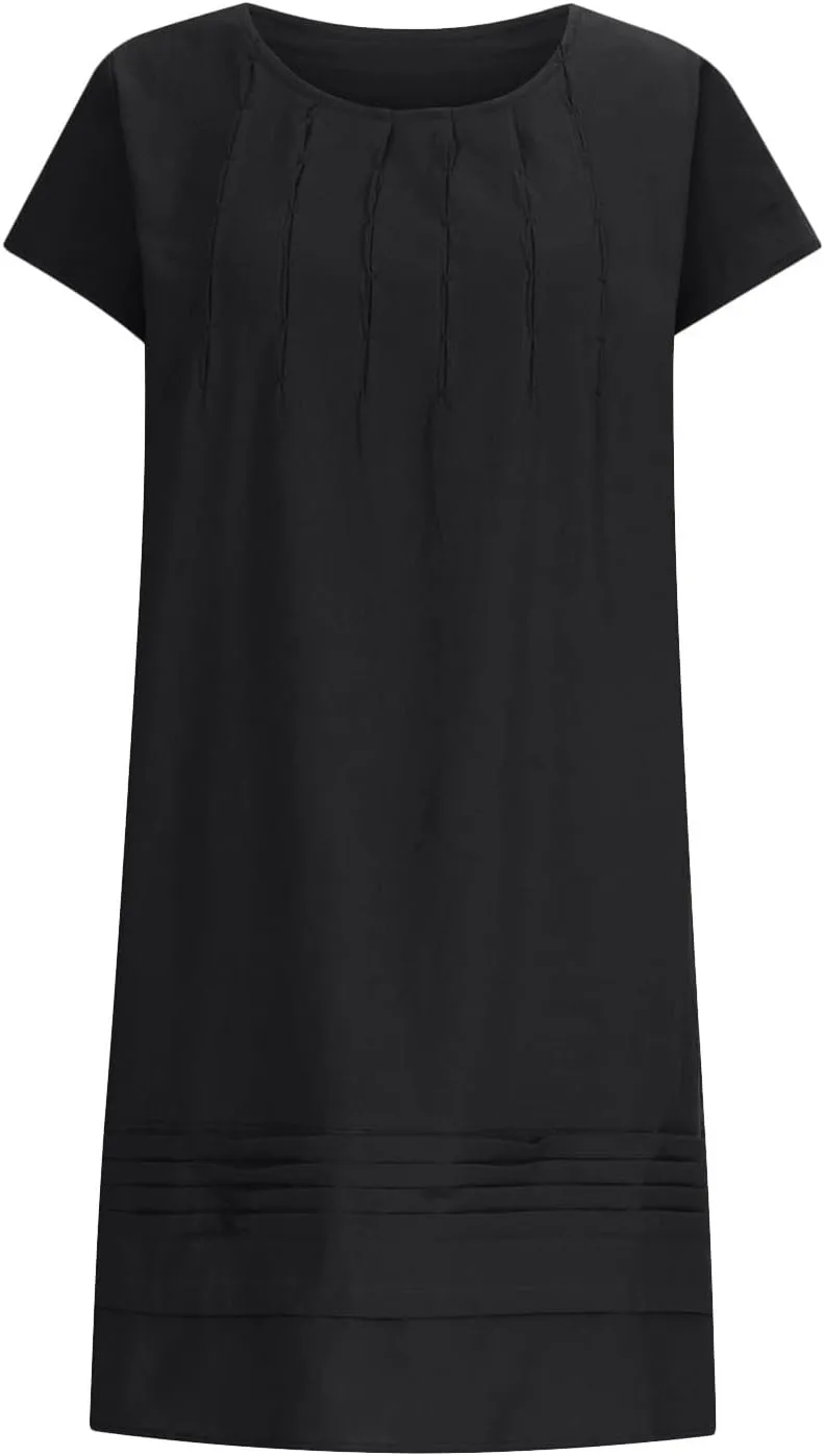 Linen Dresses for Women 2024 Short Sleeve Mini Dress Pleated Boho Summer Causal Dresses Dressy Causal T Shirt Dresses
