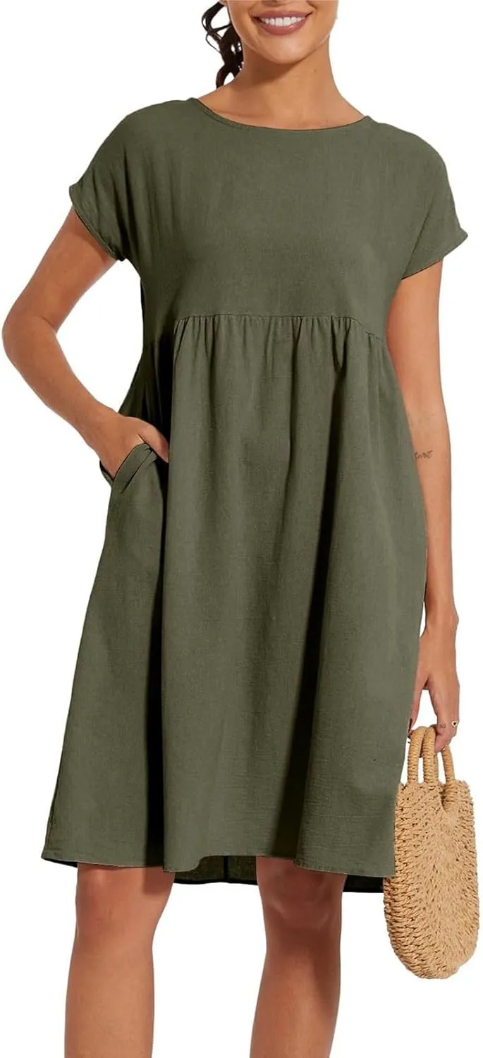 Linen Dresses for Women 2024 Womens Linen Dress Linen Midi Dresses Plus Size Short Sleeves Dress Sundress with Pockets
