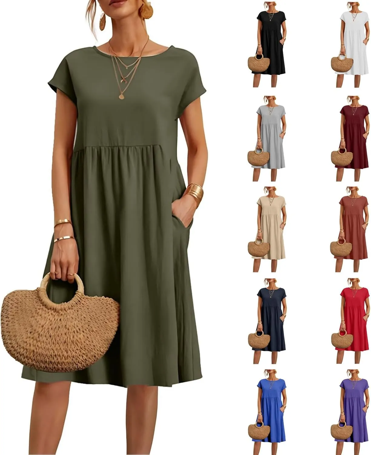 Linen Dresses for Women 2024 Womens Linen Dress Linen Midi Dresses Plus Size Short Sleeves Dress Sundress with Pockets