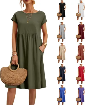 Linen Dresses for Women 2024 Womens Linen Dress Linen Midi Dresses Plus Size Short Sleeves Dress Sundress with Pockets