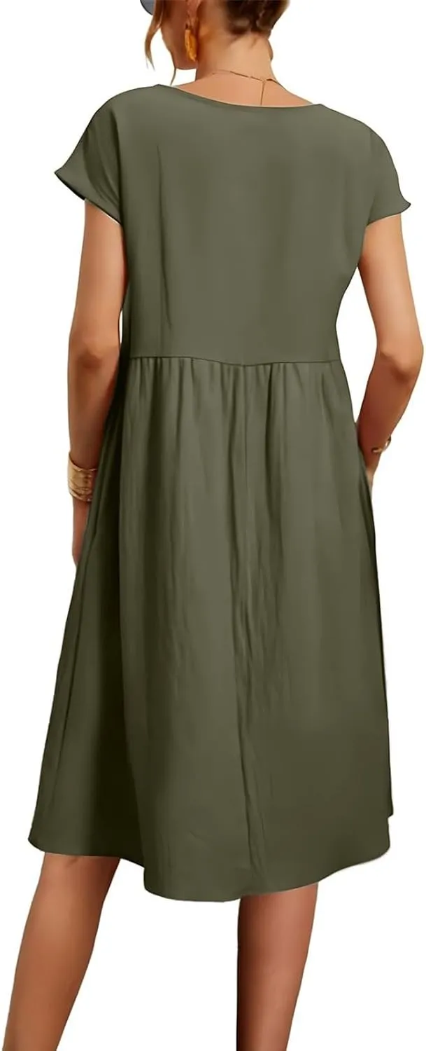 Linen Dresses for Women 2024 Womens Linen Dress Linen Midi Dresses Plus Size Short Sleeves Dress Sundress with Pockets