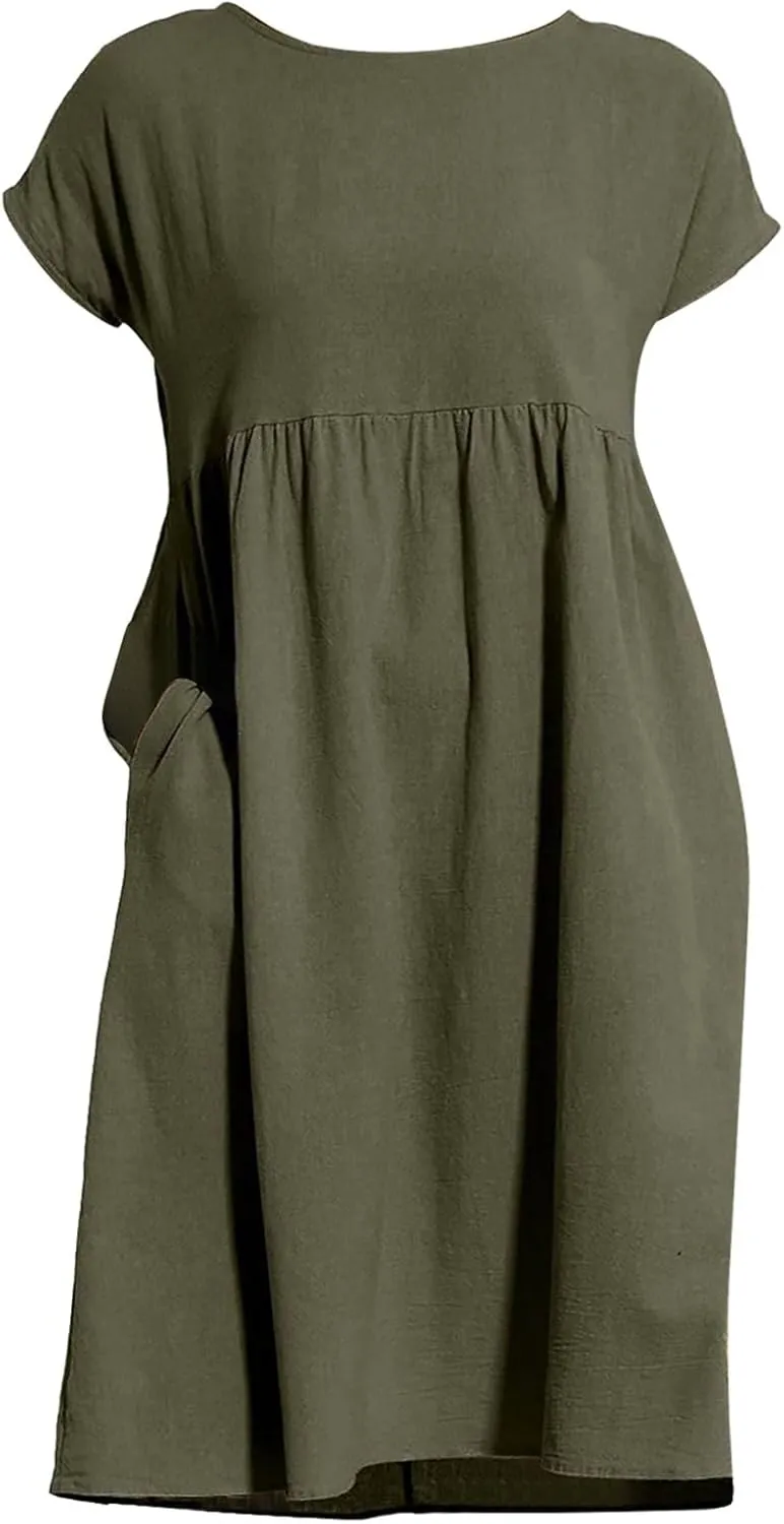 Linen Dresses for Women 2024 Womens Linen Dress Linen Midi Dresses Plus Size Short Sleeves Dress Sundress with Pockets