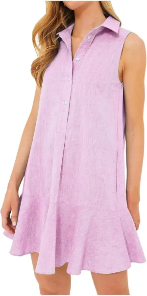 Linen Dresses for Women Casual Summer T Shirt Dress Sleeveless Button Down Ruffle Hem Tank Mini Dress Short Sundress