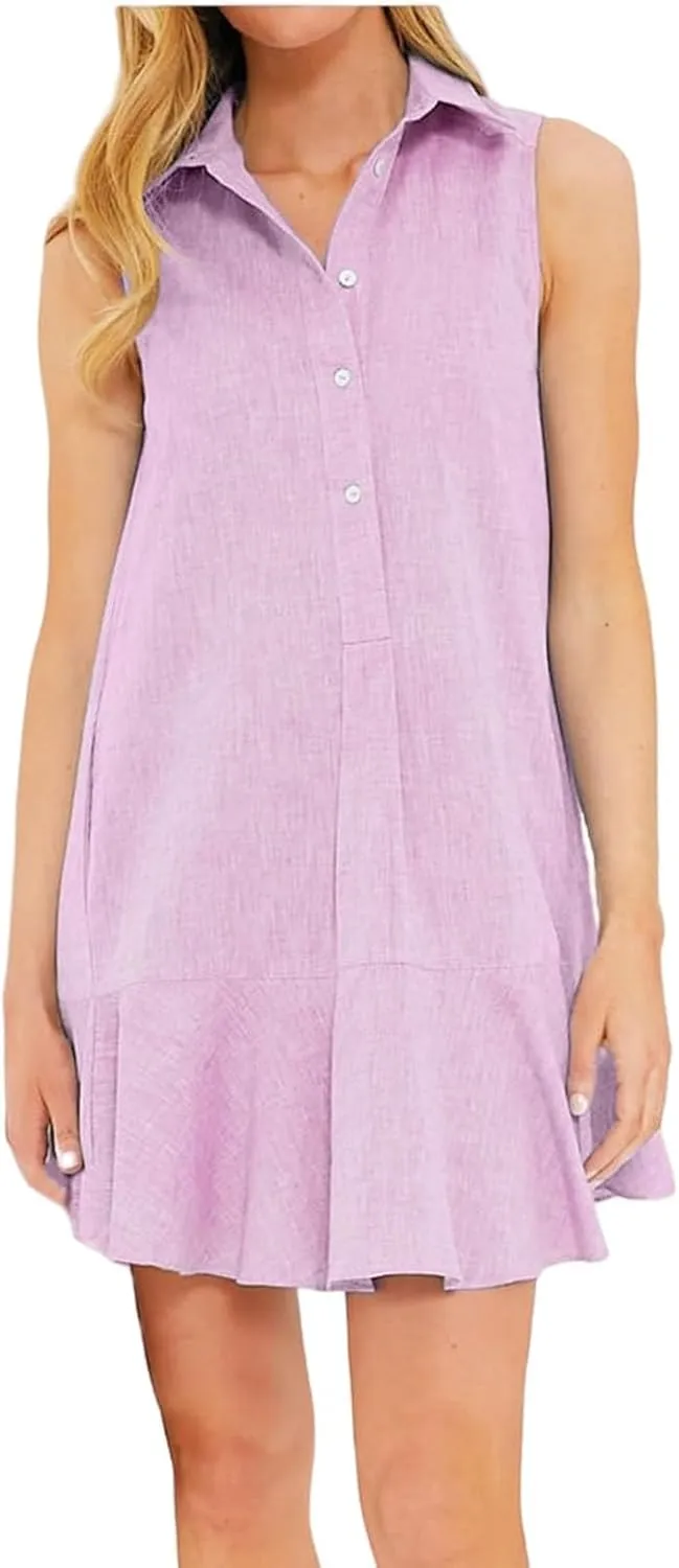 Linen Dresses for Women Casual Summer T Shirt Dress Sleeveless Button Down Ruffle Hem Tank Mini Dress Short Sundress