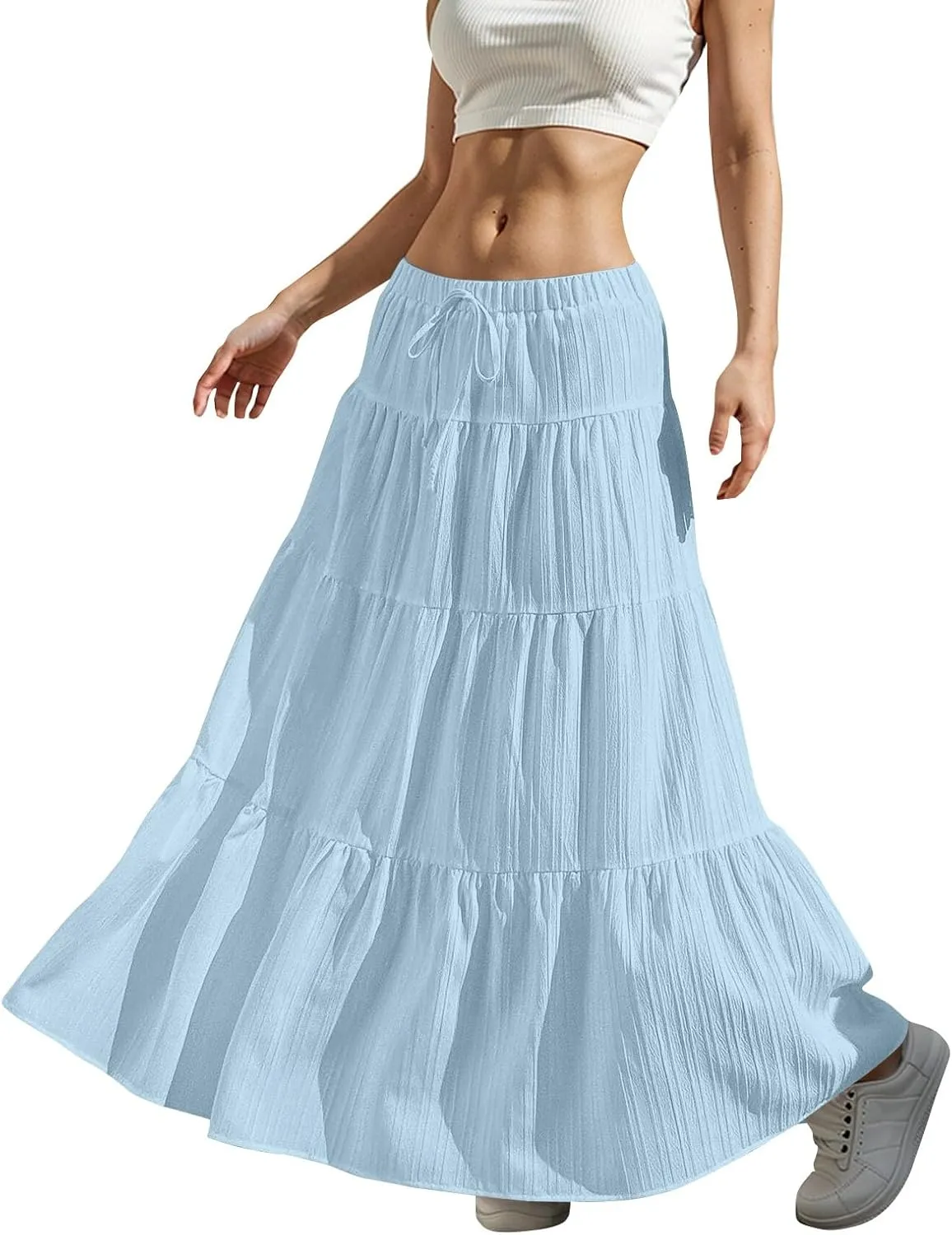 Linen Maxi Skirts for Women Elegant Pleated Tiered A Line Long Skirt Casual Summer Flowy Beach Skirt Vacation Outfits