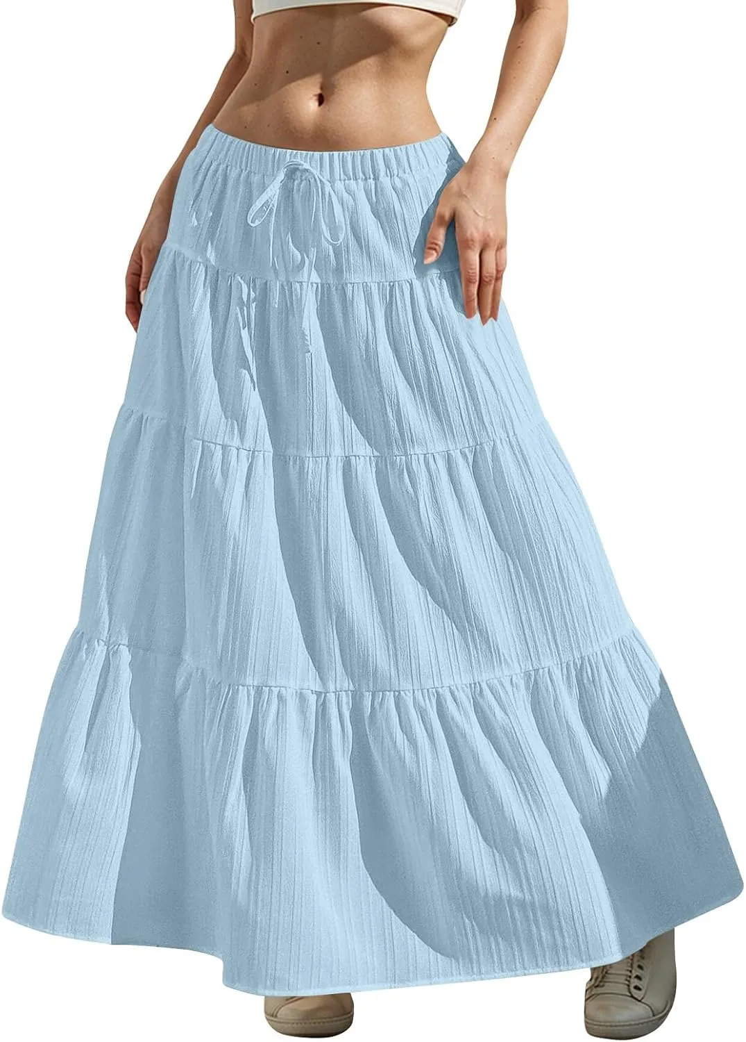 Linen Maxi Skirts for Women Elegant Pleated Tiered A Line Long Skirt Casual Summer Flowy Beach Skirt Vacation Outfits