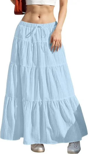 Linen Maxi Skirts for Women Elegant Pleated Tiered A Line Long Skirt Casual Summer Flowy Beach Skirt Vacation Outfits