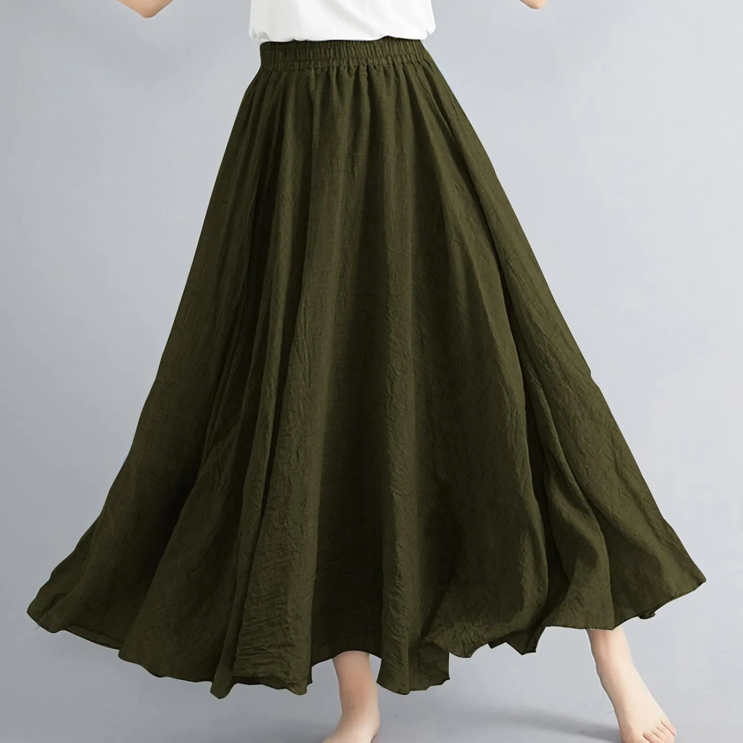 Linen Maxi Skirts for Women Flowy Swing A-Line Skirt Ankle Length Elastic High Waist Summer Beach Vacation Clothes