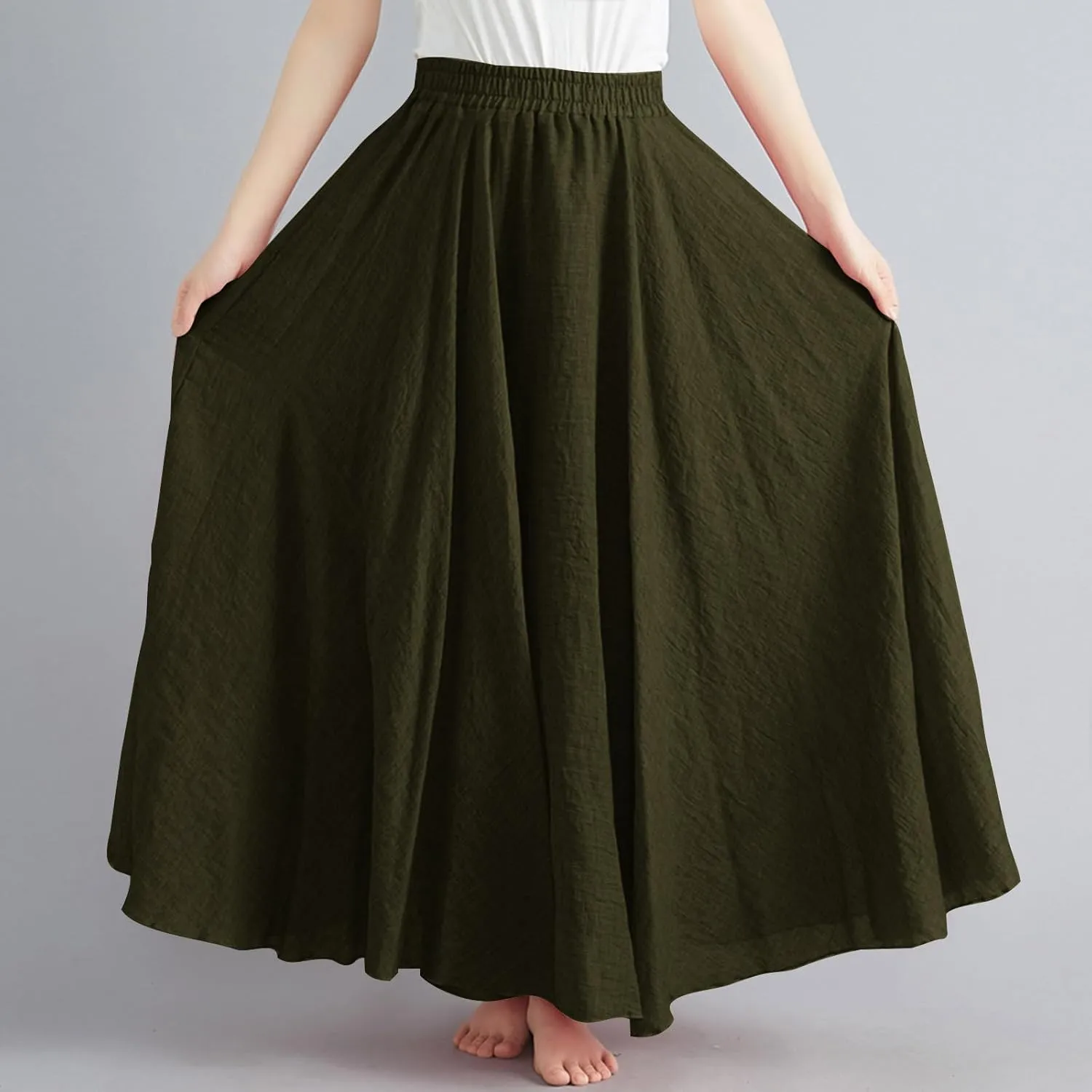 Linen Maxi Skirts for Women Flowy Swing A-Line Skirt Ankle Length Elastic High Waist Summer Beach Vacation Clothes