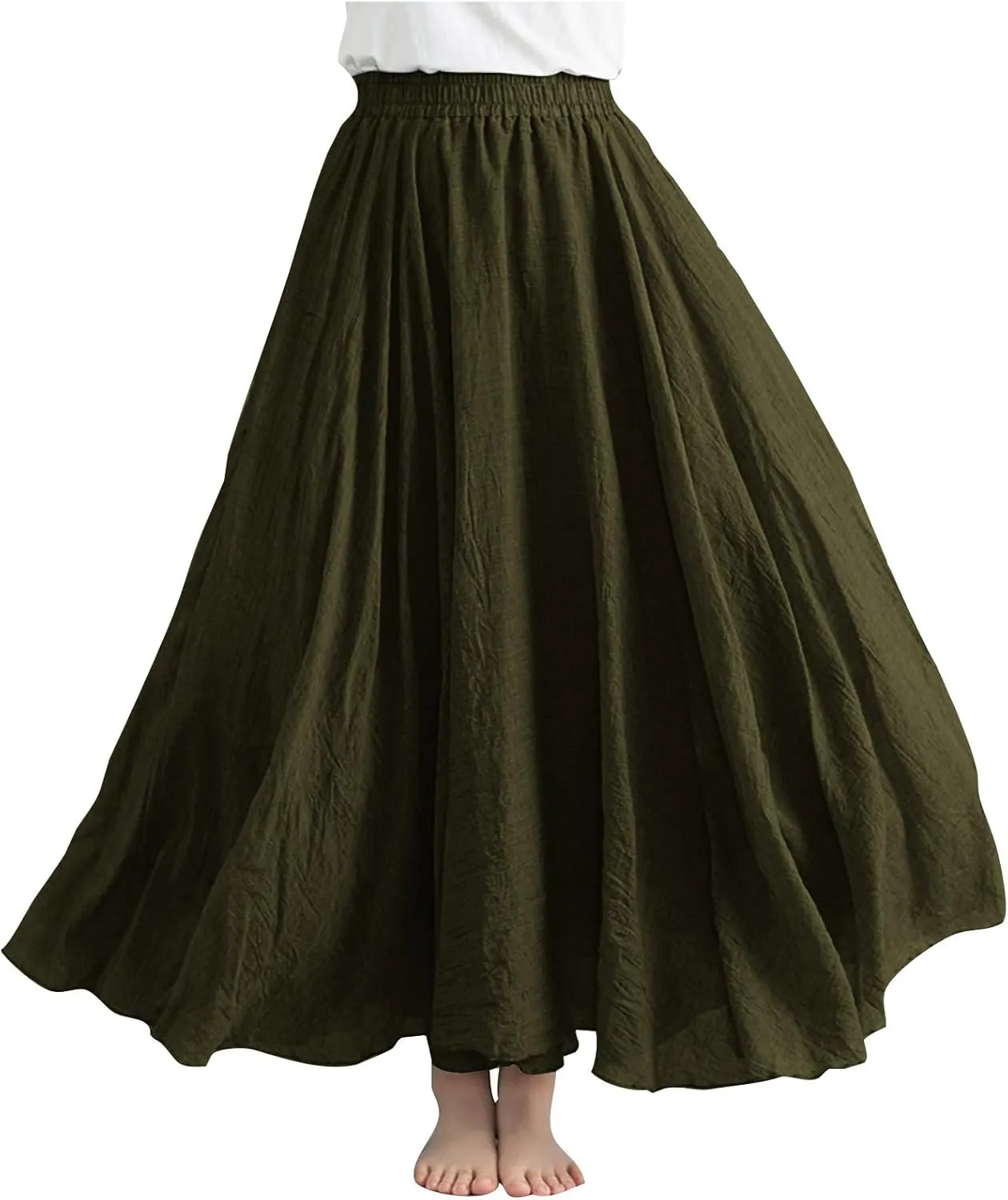 Linen Maxi Skirts for Women Flowy Swing A-Line Skirt Ankle Length Elastic High Waist Summer Beach Vacation Clothes