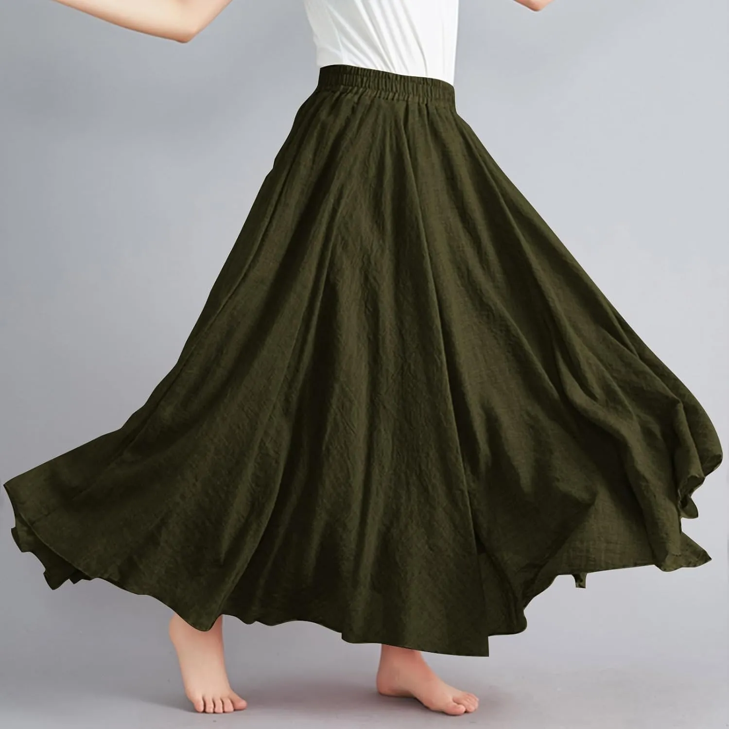 Linen Maxi Skirts for Women Flowy Swing A-Line Skirt Ankle Length Elastic High Waist Summer Beach Vacation Clothes