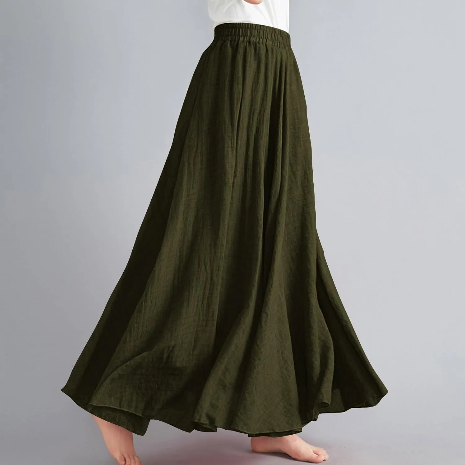 Linen Maxi Skirts for Women Flowy Swing A-Line Skirt Ankle Length Elastic High Waist Summer Beach Vacation Clothes