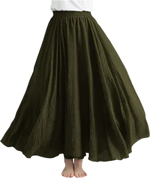 Linen Maxi Skirts for Women Flowy Swing A-Line Skirt Ankle Length Elastic High Waist Summer Beach Vacation Clothes