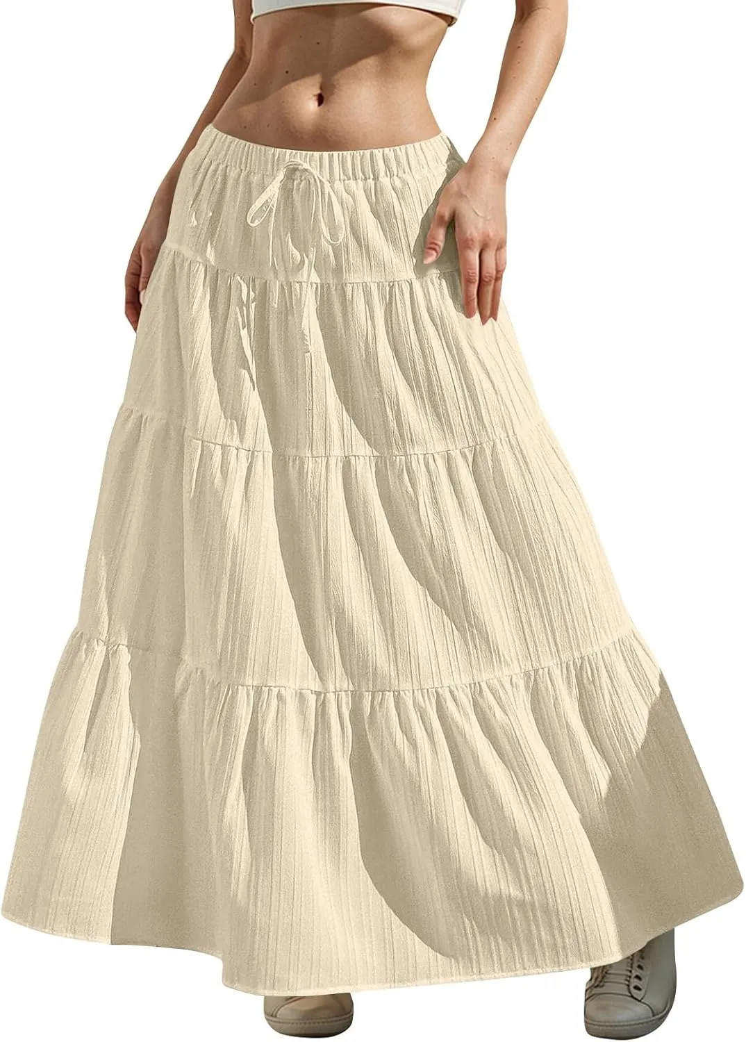 Linen Maxi Skirts for Women Summer Elastic High Waisted A-Line Long Skirt Flowy Tiered Ruffle Casual Boho Midi Skirts