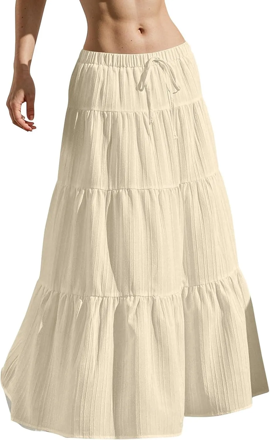 Linen Maxi Skirts for Women Summer Elastic High Waisted A-Line Long Skirt Flowy Tiered Ruffle Casual Boho Midi Skirts