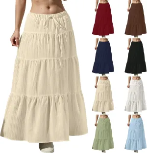 Linen Maxi Skirts for Women Summer Elastic High Waisted A-Line Long Skirt Flowy Tiered Ruffle Casual Boho Midi Skirts