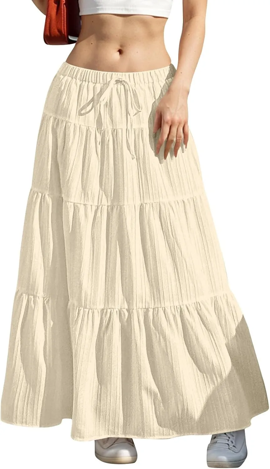 Linen Maxi Skirts for Women Summer Elastic High Waisted A-Line Long Skirt Flowy Tiered Ruffle Casual Boho Midi Skirts