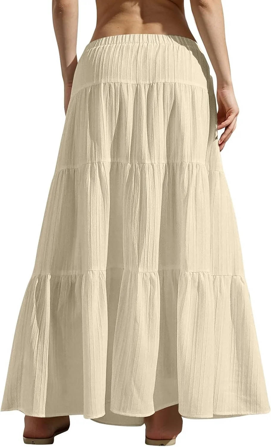 Linen Maxi Skirts for Women Summer Elastic High Waisted A-Line Long Skirt Flowy Tiered Ruffle Casual Boho Midi Skirts
