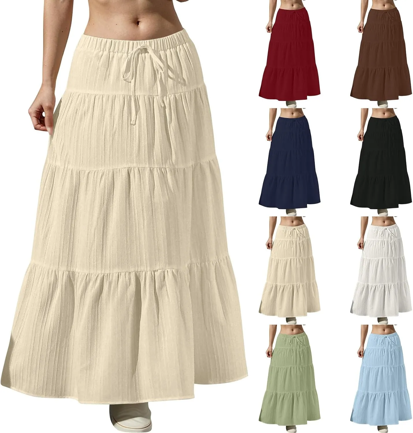 Linen Maxi Skirts for Women Summer Elastic High Waisted A-Line Long Skirt Flowy Tiered Ruffle Casual Boho Midi Skirts