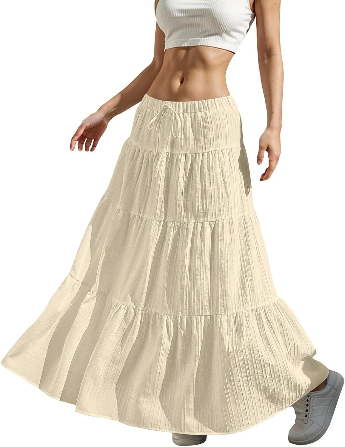 Linen Maxi Skirts for Women Summer Elastic High Waisted A-Line Long Skirt Flowy Tiered Ruffle Casual Boho Midi Skirts