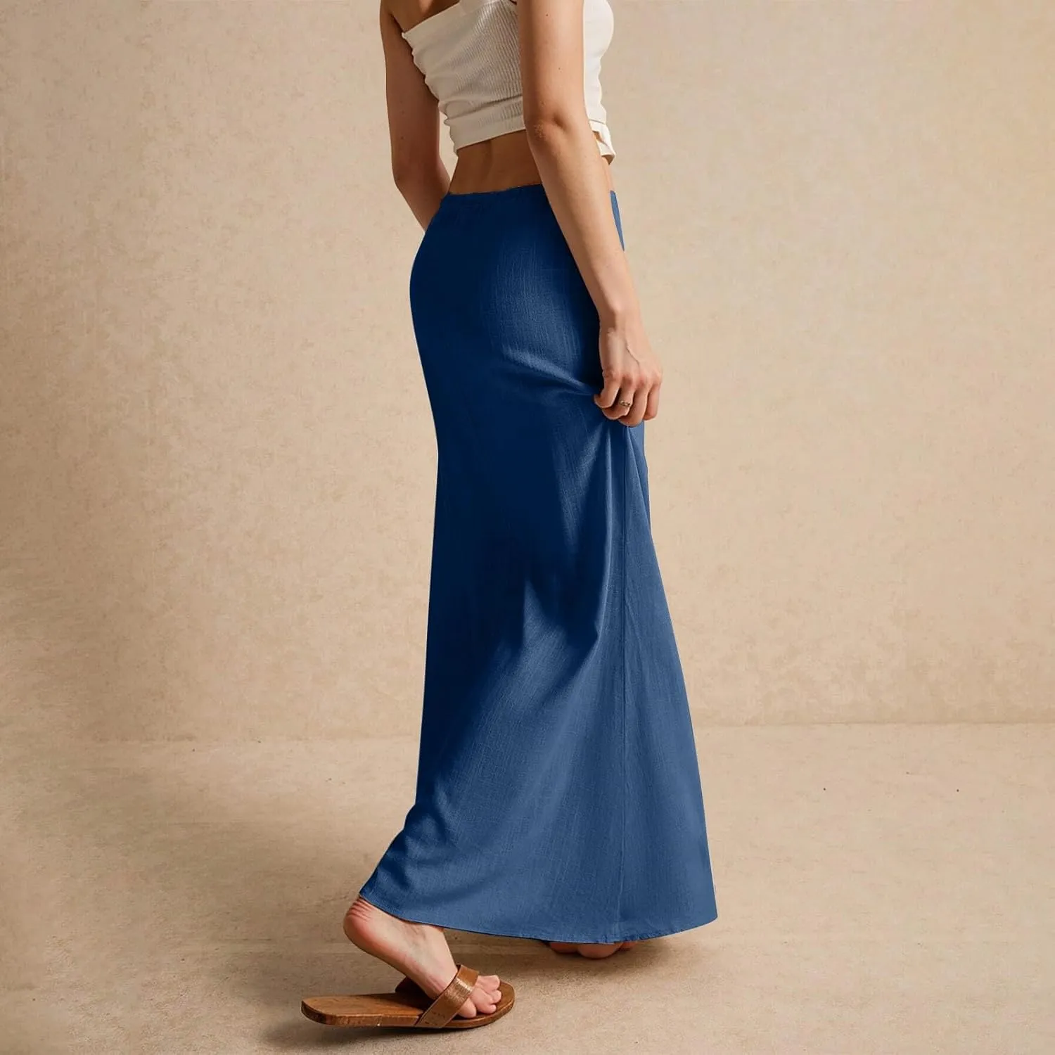 Linen Skirts for Women Summer Casual Flowy Boho Flared Stretchy High Waisted Drawstring Beach A Line Maxi Skirts